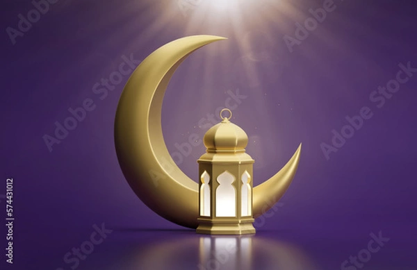 Fototapeta Ramadan Kareem. Ramadhan or Eid Mubarak greeting background. Golden Moon and lantern 3d render