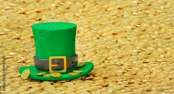 Fototapeta Saint Patrick's day green leprechaun hat with golden coins. 3d render illustration. St patrick day background