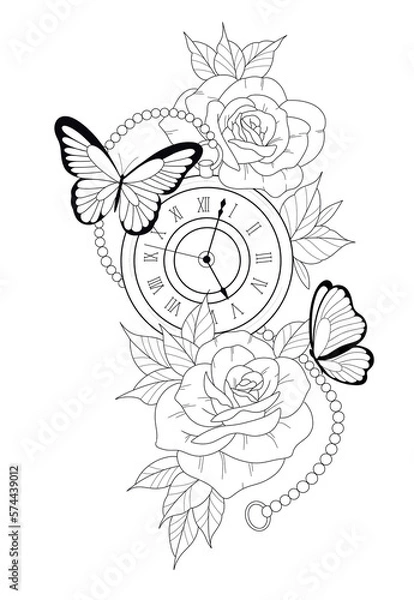 Obraz clock,  butterfly, flowers, tattoo design 