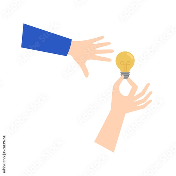Fototapeta One hand holds bulb light. Other hand wants to take lamp bulb. Business idea solutions, teamwork and strategy concept. Vector illustration isolated on white