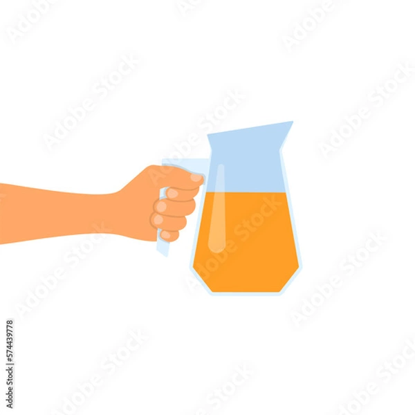 Fototapeta Hand holding jug with orange juice isolated on white background