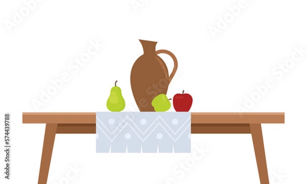 Fototapeta Fruits on the table, apples, pear, wine jug isolated on white. Vector illustration in flat style