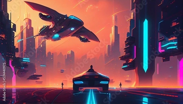 Fototapeta A futuristic cityscape with flying cars and neon lights AI Generated