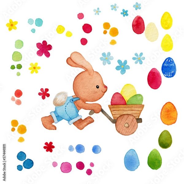 Fototapeta Watercolor Easter illustration with cute bunny and colorful eggs on pushcart. Hand drawn design elements set.