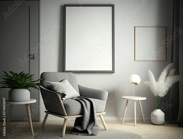 Fototapeta Mock-up poster frame in modern grey home interior, 
Scandinavian style, generative ai