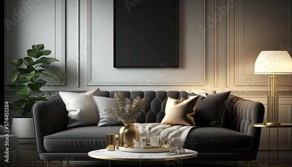 Fototapeta Mockup poster frame in modern home interior with golden accents, Scandinavian style. Generative ai