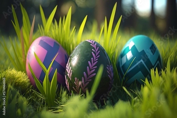 Fototapeta Easter eaggs between spring  flowers in the grass. Created using artificial intelligence.