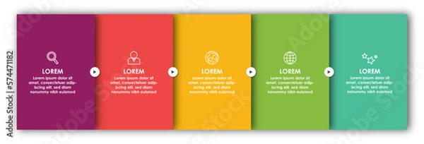 Obraz Business infographic process with blocks template design with icons and 5 options or steps. Professional inforgraphic or info chart template isolated on white background with multiple colours	
