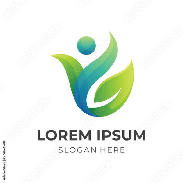 Fototapeta herbal human logo concept, people and leaf combination logo with 3d green color style