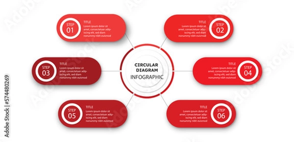 Obraz Business infographic process with red circle template design with icons and 6 options or steps. Professional inforgraphic or info chart template isolated on white background with multiple colours	