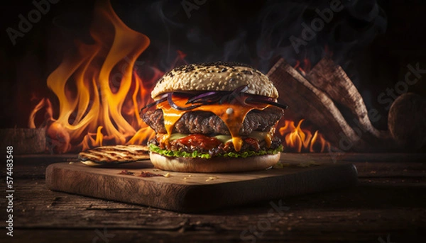Fototapeta Delicious Burger, Burger Flame Generative AI