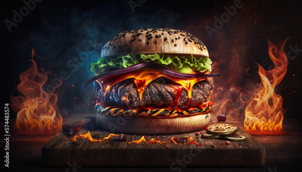 Fototapeta Delicious Burger, Burger Flame Generative AI