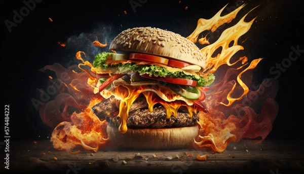 Fototapeta Delicious Burger, Burger Flame Generative AI