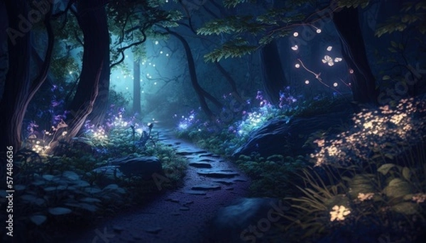 Fototapeta Nighttime Magic: A Fantasy Forest with Enchanting Lights and Fireflies, AI Generative