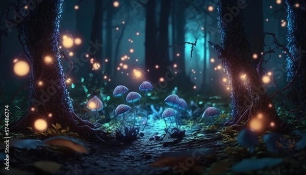 Fototapeta Enchanting Nighttime Woods with Mystical Lights and Fireflies, AI Generative