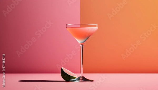 Fototapeta Pink daiquiri alcoholic summer cocktail on a modern pink background with sunlight from the window, ai generative
