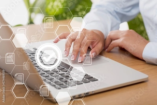 Fototapeta The e-document and quality control concept,  person work on laptop