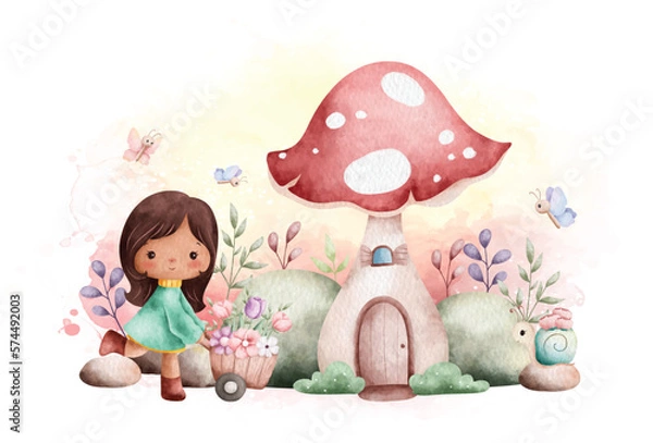 Fototapeta Watercolor Illustration Spring Girl in the garden