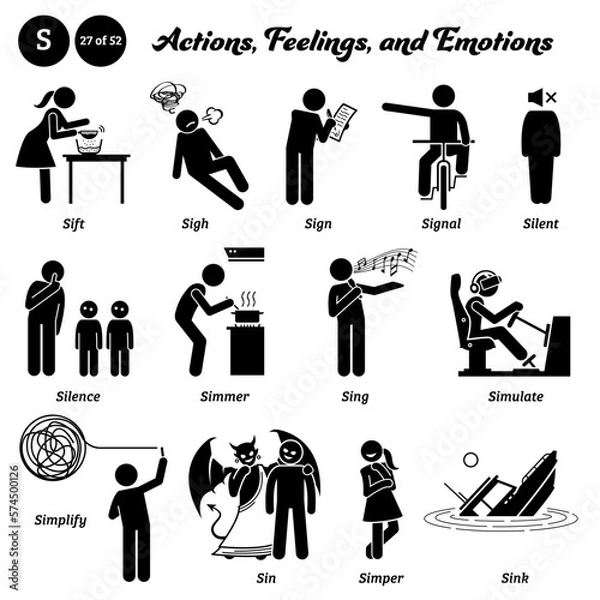 Obraz Stick figure human people man action, feelings, and emotions icons alphabet S. Sift, sigh, sign, signal, silent, silence, simmer, sing, simulate, simplify, sin, simper, and sink.