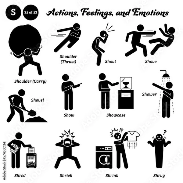 Obraz Stick figure human people man action, feelings, and emotions icons alphabet S. Shoulder, carry, thrust, shout, shove, shovel, show, showcase, shower, shred, shriek, shrink, and shrug. 

