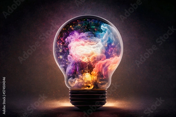 Fototapeta The universe inside a light bulb, abstract space art, created with generative ai technology. 