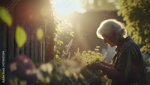 Fototapeta Artificial generated image of  senior citizen , a happy senior woman of taking care of trees and green plants