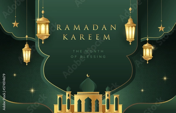 Fototapeta Ramadan Kareem design on green Islamic background with gold ornament star, mosque and lanterns. Suitable for raya and ramadan template concept