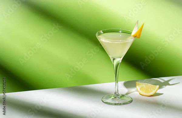 Fototapeta Vesper, classic alcoholic cocktail drink with dry gin, vodka, aperitif, lemon zest and ice. Light green background, hard light, shadow pattern