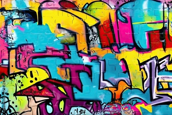 Fototapeta Vibrant colors come alive in this street art mural, expressing the artists creativity through a mix of text and graffiti. Full Frame, Generative AI