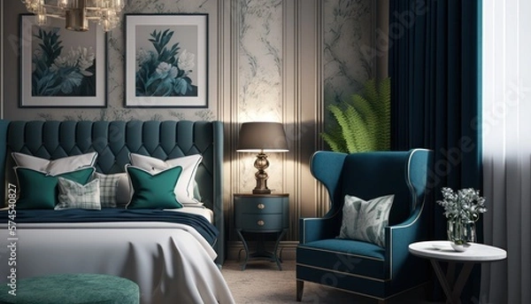 Fototapeta Hotel luxury suite, bedroom interior, double bed room, comfortable furnirture. Generative AI