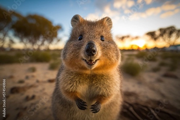 Obraz A cute smiling quokka is looking at the camera at sunset. Australian fauna. Photorealistic illustration generated by AI.