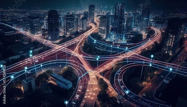 Fototapeta Smart City, Techno Mega City, IoT. Tło dla tytułów technicznych, nagłówek wiadomości. Zielone miasto. Generatywny AI