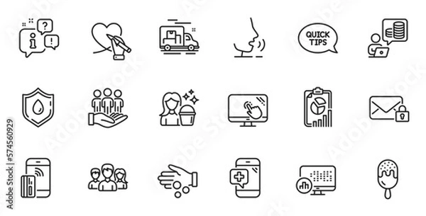 Fototapeta Outline set of Donation money, Medical phone and Cleaning line icons for web application. Talk, information, delivery truck outline icon. Include Ice cream, Teamwork, Report statistics icons. Vector