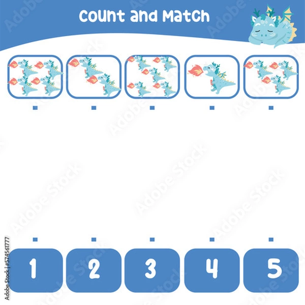 Fototapeta Count and match the images with the number worksheet for preschool kids. Educational printable math worksheet. Math game for children. Cute and kawaii baby dragon and unicorn edition. Vector file. 