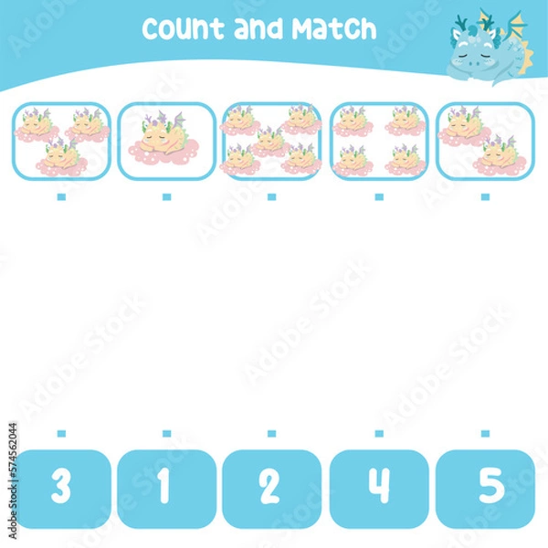 Fototapeta Count and match the images with the number worksheet for preschool kids. Educational printable math worksheet. Math game for children. Cute and kawaii baby dragon and unicorn edition. Vector file. 