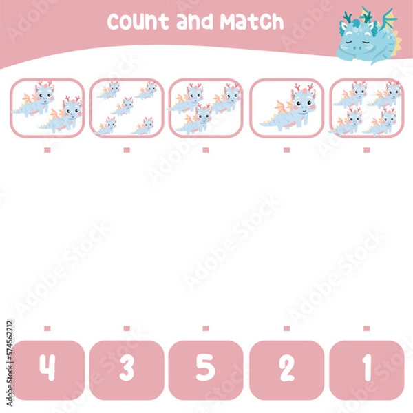 Fototapeta Count and match the images with the number worksheet for preschool kids. Educational printable math worksheet. Math game for children. Cute and kawaii baby dragon and unicorn edition. Vector file. 