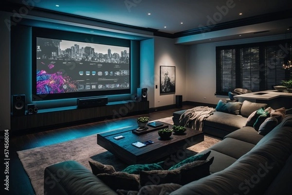 Fototapeta This luxurious home entertainment room, featuring a state-of-the-art screen and plush seating, offers an unparalleled seamless viewing experience in a stylish, modern setting.