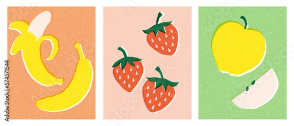 Obraz Bananas, strawberries, apple. Vector Illustrations - Off-register print effect.