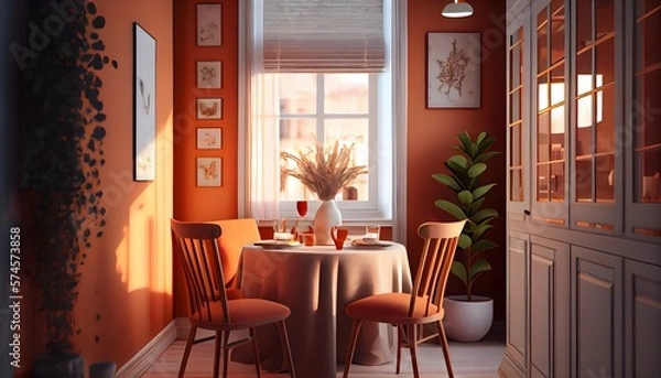 Fototapeta Illustration du mur de la salle à manger avec un ensemble de salle à manger de couleur orange chaud, une table en bois au sol. generative ai.