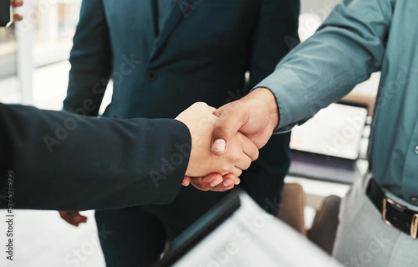 Fototapeta Handshake, business partnership and agreement closeup, collaboration or b2b welcome, thank you and clients meeting. People shaking hands in job interview, career promotion or hiring deal with success