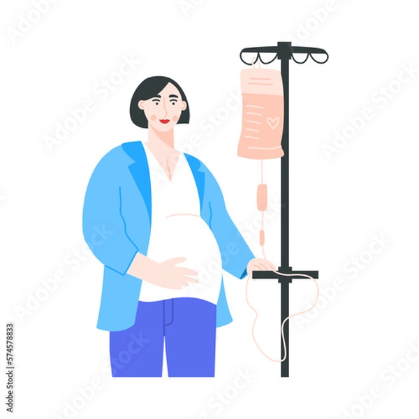 Obraz Portrait of woman standing with vitamin drip on a white background. Pregnant female patient with the IV dropper during treatment at clinic. Vector flat illustration