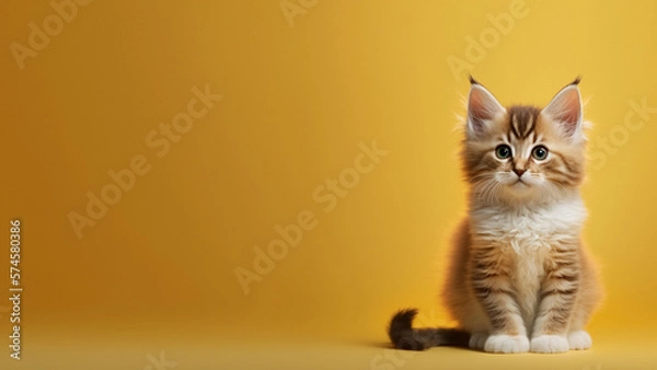 Fototapeta A cute little kitten peering over a table with large empty background. generative ai