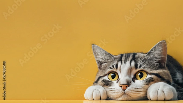 Obraz A cute cat peering over a table with large empty background. generative ai