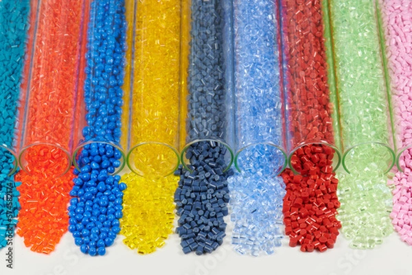 Fototapeta several colored plastic resins in test tubes in laboratory