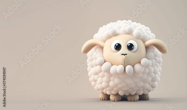 Fototapeta Cute pastel baby sheep 3d character. Cartoon curly sheep with big eyes. 3d render illustration. Generative AI art. Farm animals set. Minimal plastic style.