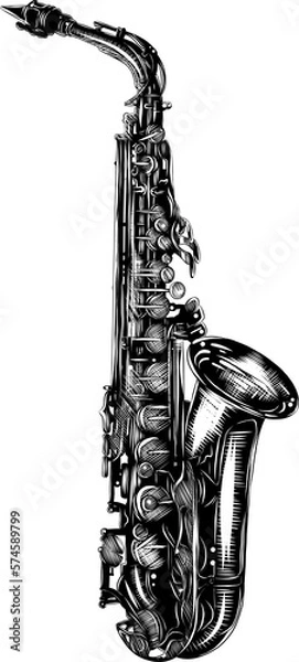 Fototapeta PNG engraved style illustration for posters, decoration and print. Hand drawn sketch of saxophone in monochrome isolated on white background. Detailed vintage woodcut style drawing.	
