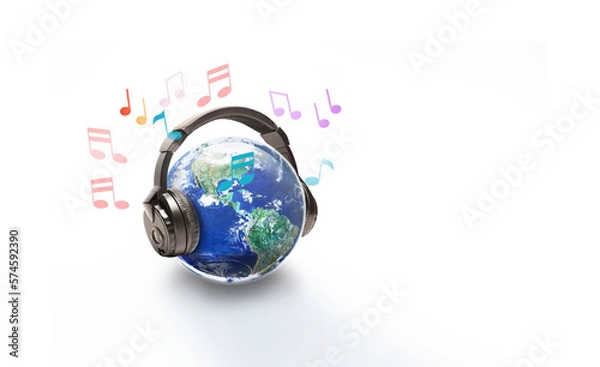 Fototapeta The world is listening, World music day, Earth with headphone on light background, Elements of this image furnished by NASA