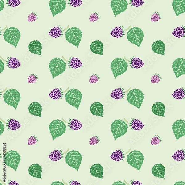 Fototapeta Seamless pattern of branches with raspberries, blackberries and leaves on a light green background. Vector simple ornament.
