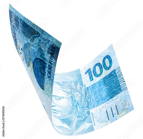 Fototapeta banknote of one hundred reais from brazil falling on isolated white background