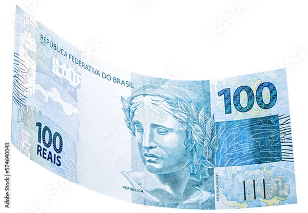 Fototapeta banknote of one hundred reais from brazil falling on isolated white background